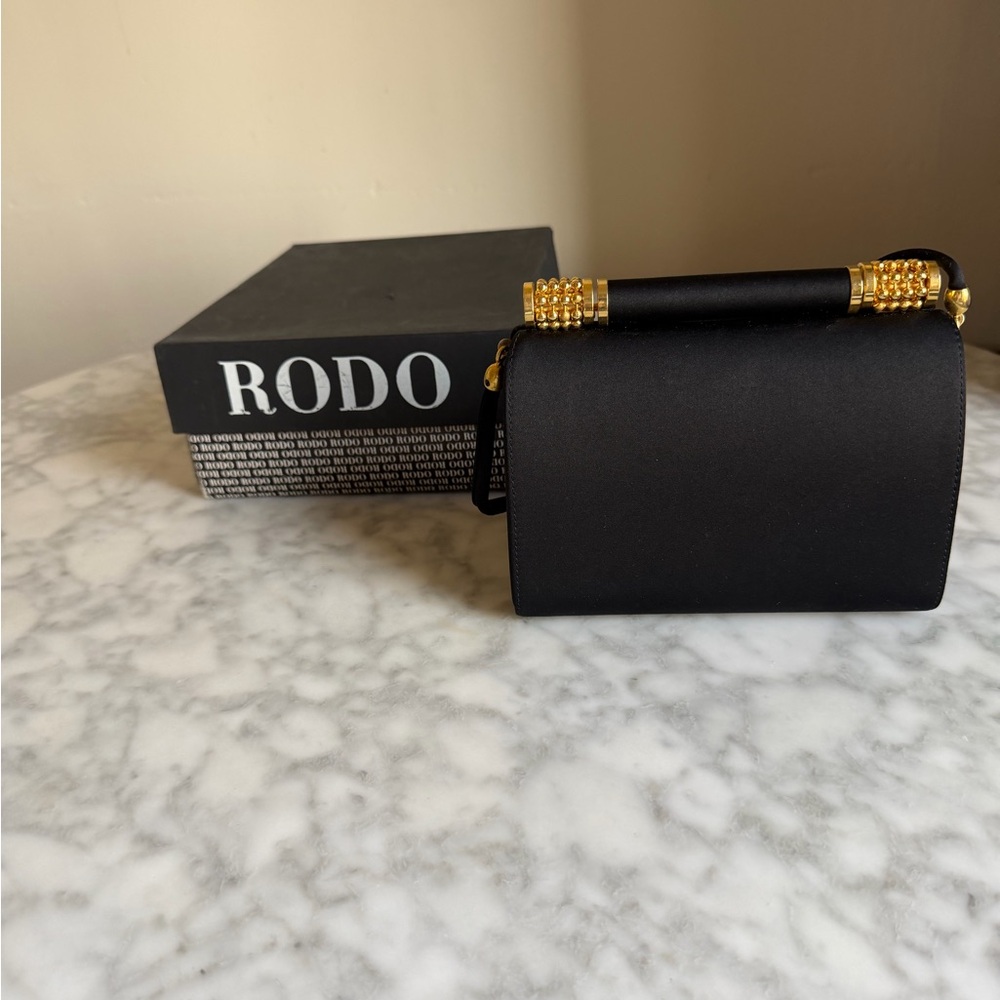 Rodo Black Satin Top-Handle Evening Bag with Black Strap and Gold Hardware